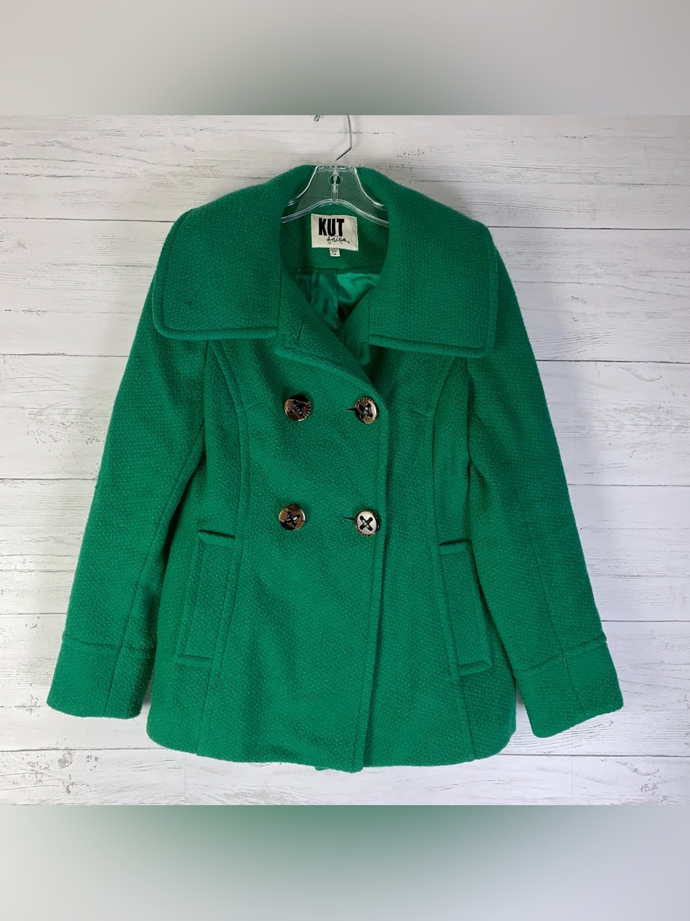 KUT from the Kloth Green Wool Blend Pea Coat Double Breasted Shawl Collar M